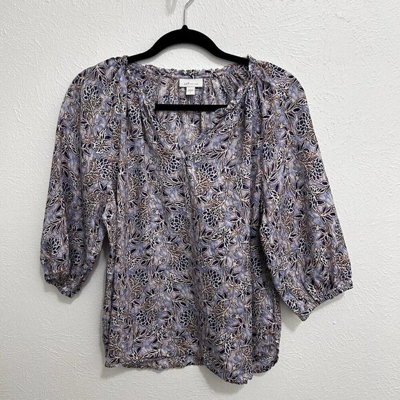 J. Jill Love Linen Sz S V Neck Purple Lotus Vines 100% Linen Peasant Top Blouse - Picture 4 of 13